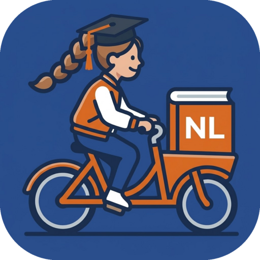 Una estudiante en bicicleta de carga lleva un libro de neerlandés: la ilustración de RapiDutch.